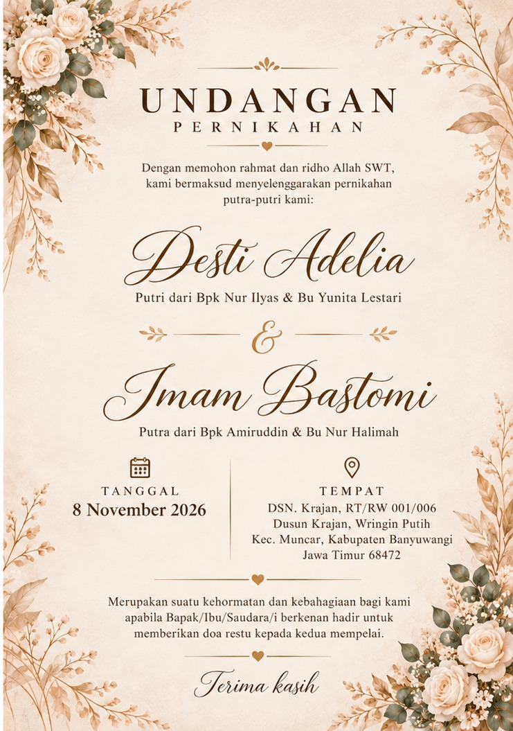 Undangan asli Desti dan Tomi, 8 November 2026